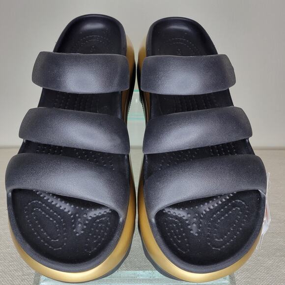 CROCS Mega Crush Metallic Triple Strap Platform Wedge Sandal Black/Gold sz W10 - Picture 2 of 9
